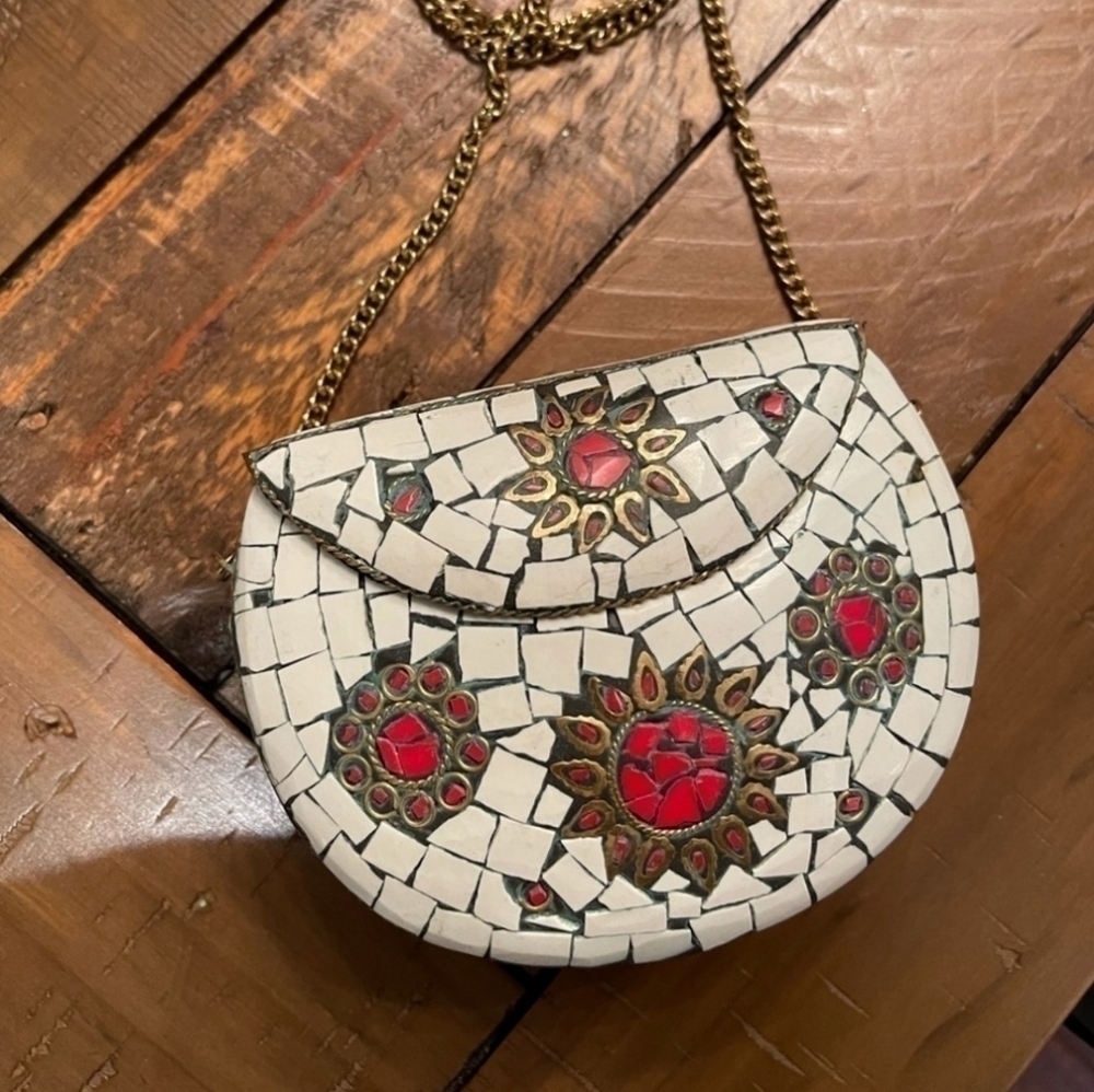 NWT RAMLA Handmade Moroccan Mosaic Tile Bag-Red/White